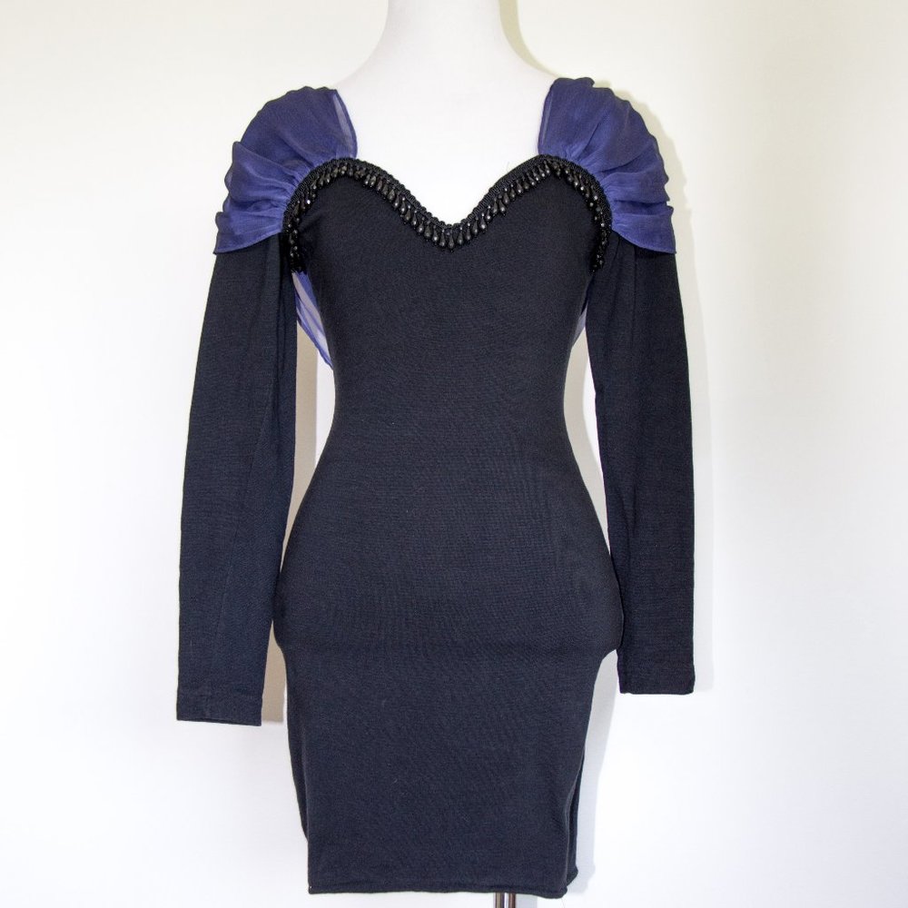 JUDYS Vintage Bodycon Dress Black Blue Bead collar Party XS